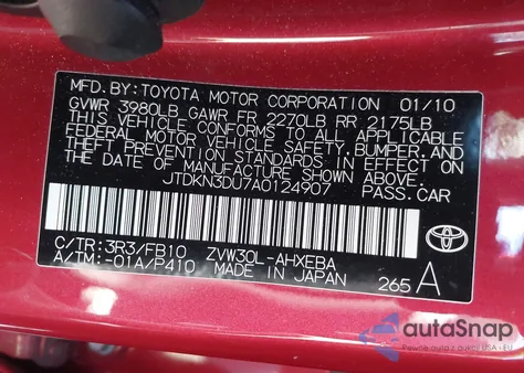 2010 Toyota Prius Iii from USA, damaged, VIN JTDKN3DU7A0124907